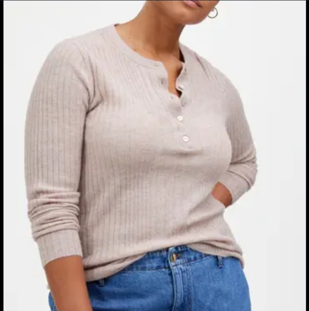 Madewell Alpaca Blend Henley Sweater ribbed sand mother of pearl medium NWT